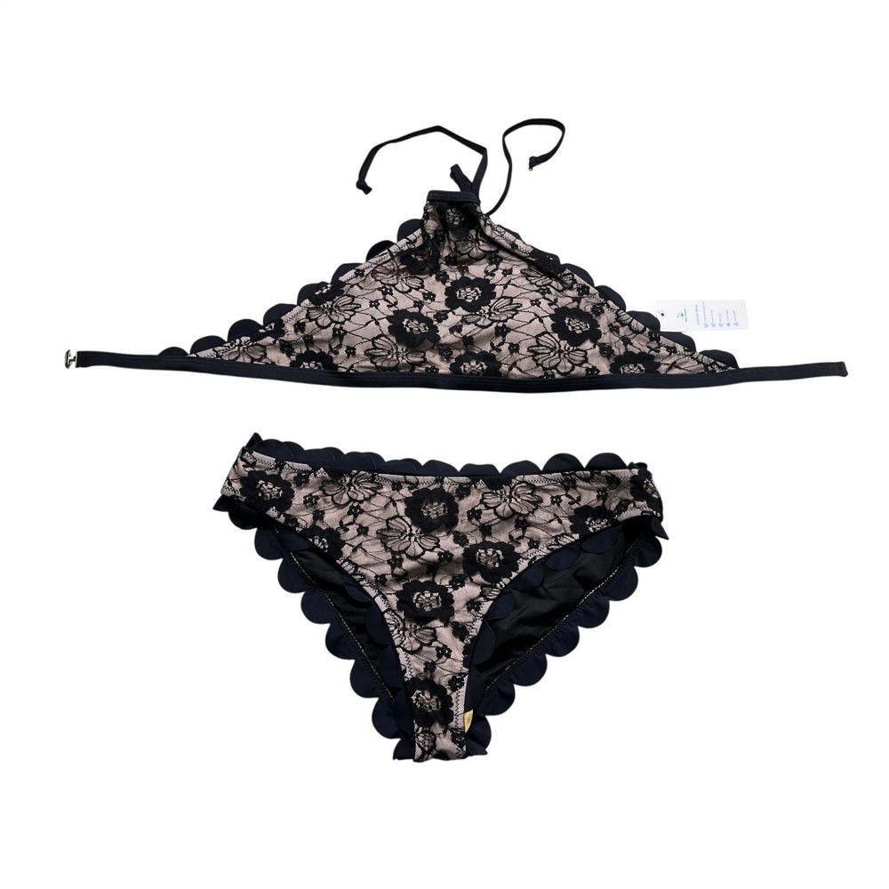 NWT Beachsissi Black Lace Bikini Set Scallop Trim Halter Swimsuit Size Large